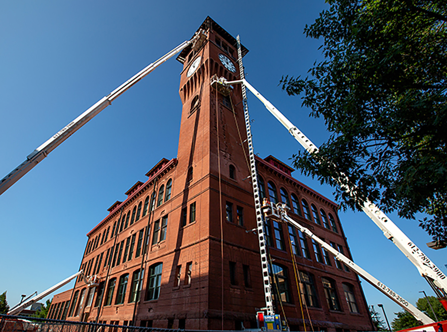 Work on the exterior of UW-Stout’s Bowman Hall, including the Clock Tower, began in spring 2018 and continued in 2019.