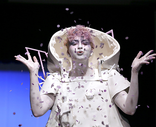 Charlie Peavey models “Tranquility” during the 2018 Fashion Without Fabric show at UW-Stout.