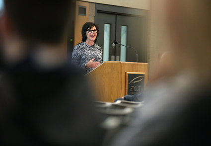 Select Comfort CEO Shelly Ibach speaks during the Cabot Executive in Residence program at UW-Stout.