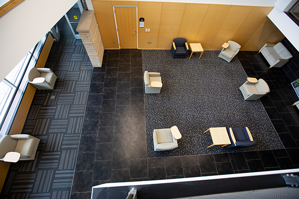 Social-distancing in lounge and study areas, such as this one in Jarvis Hall Science Wing, and in the classroom will be the norm this fall at UW-Stout.