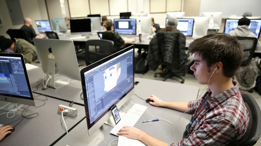 UW-Stout students work on projects recently in an Animation Studio class. / UW-Stout photo by Brett Roseman