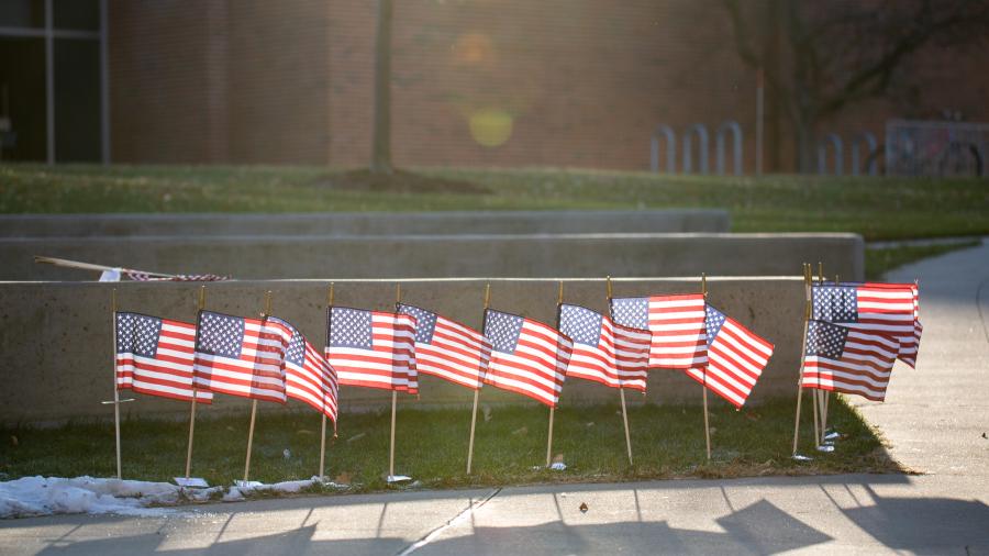 Students with the UW-Stout Veteran's Club put up a flag display in honor of Veteran's Day.