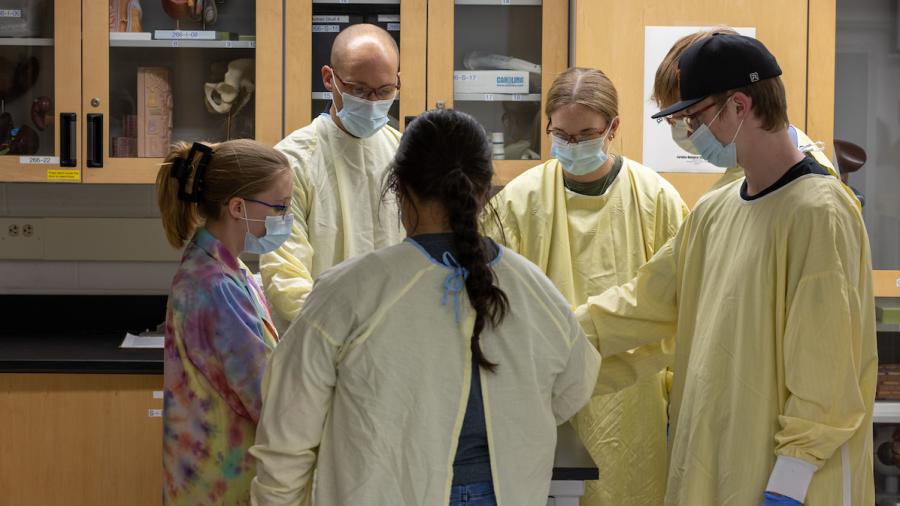 Natalie Mercill with students in the Cadaver Lab