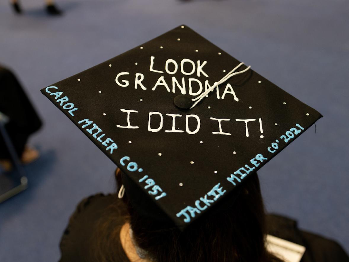 Jackie Miller's decorated cap at her graduation ceremony, May 2021.