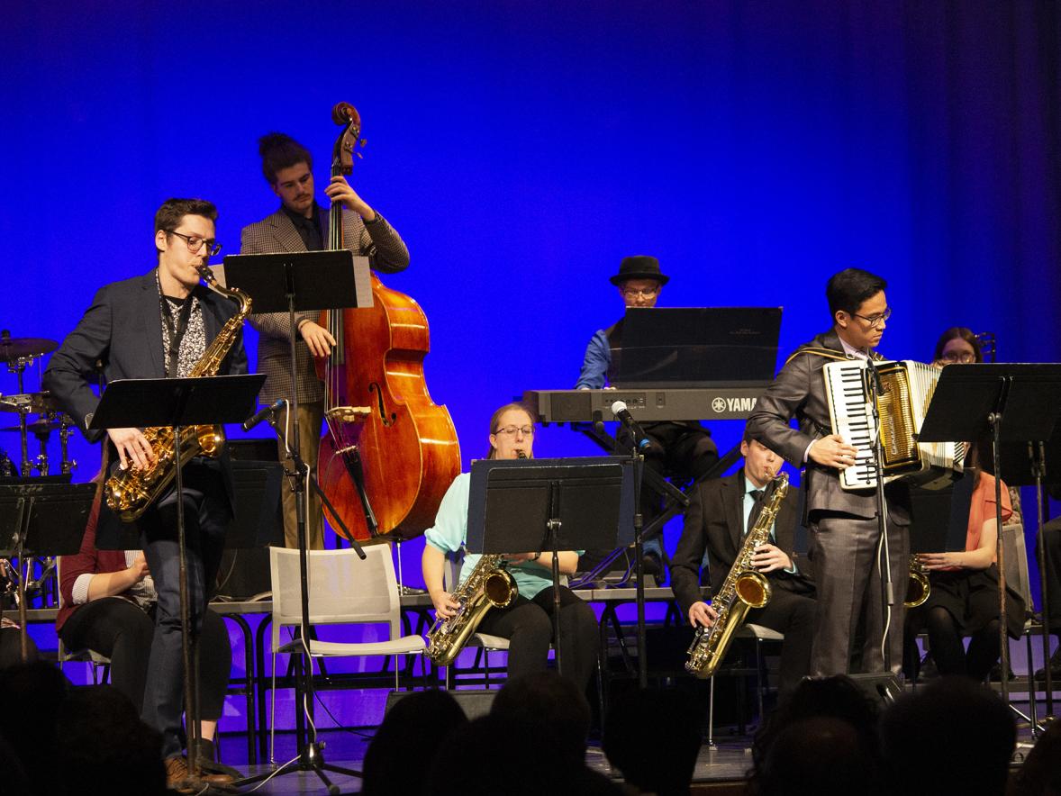Members of the Blue Devil Jazz Orchestra performing in a 2019 concert.