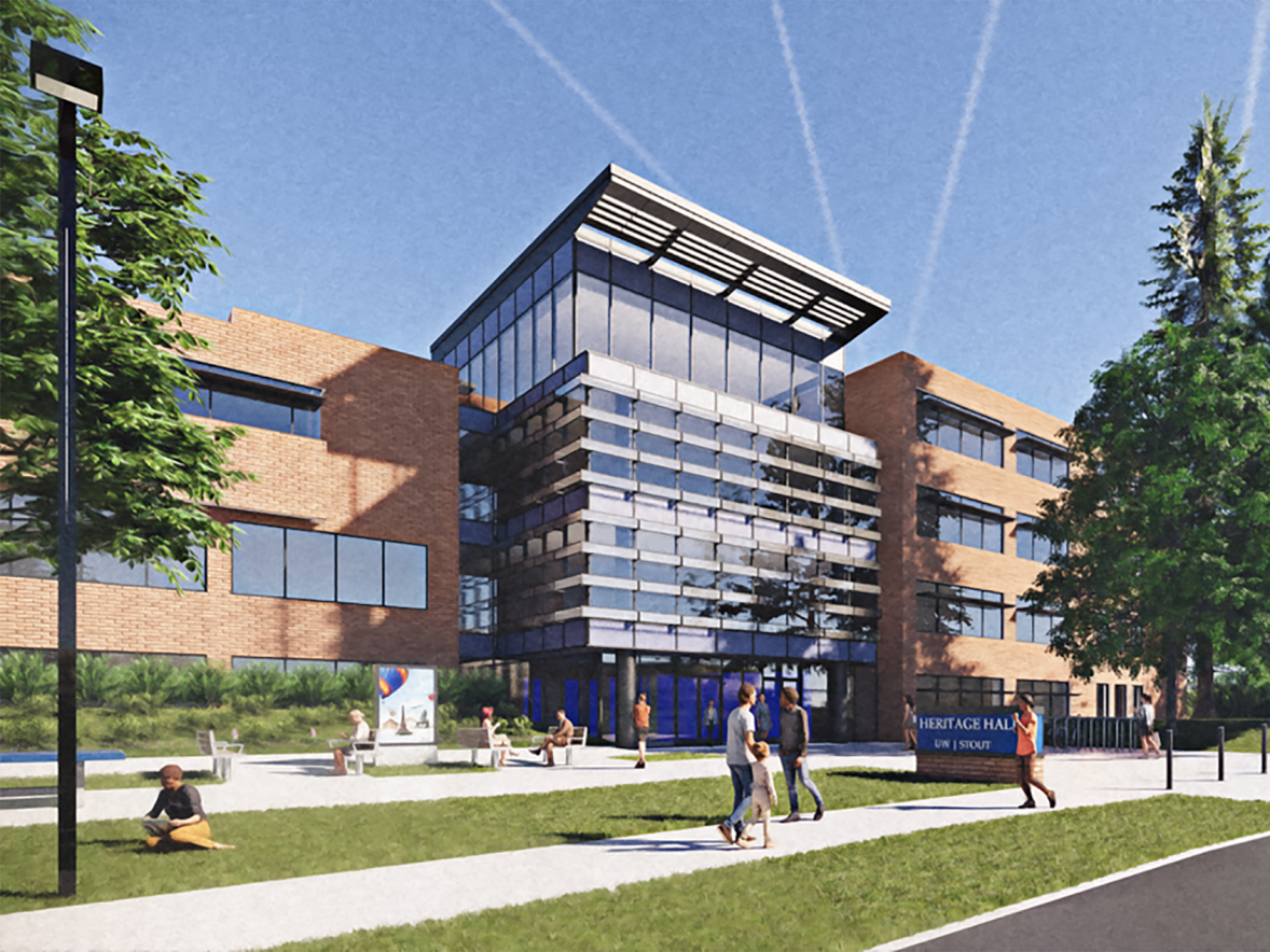 A proposed renovation of Heritage at UW-Stout will include improvements to the exterior and interior of the building. / Architectural rendering