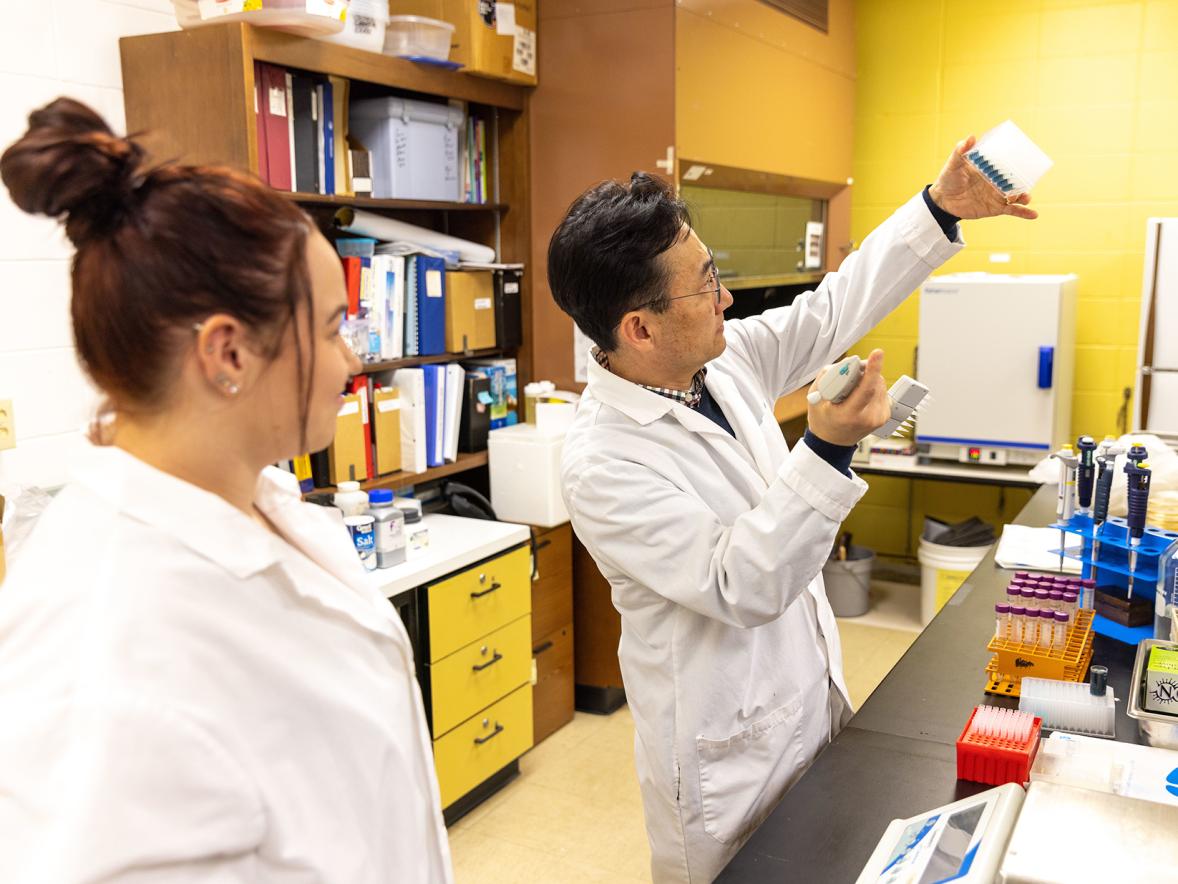 Caitlyn Lisota and her research adviser, Associate Professor Taejo Kim, conduct tests in the food science lab.