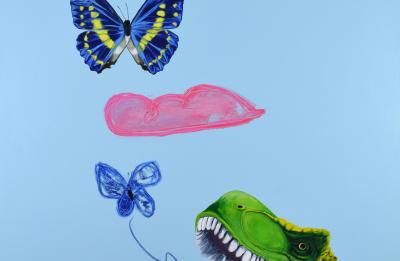 Painting of a green T-Rex with its mouth open, a blue, scribbled butterfly is coming from its mouth. A more highly rendered blue and yellow butterfly is above the first. Three pink scribbled clouds float in space above and behind the interaction. 